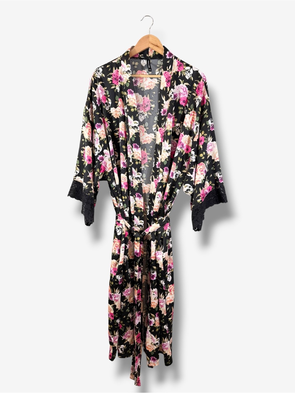 Torrid Skull Floral Print Satin Long Robe 3X Lace Trim Goth Roses Dark Romance